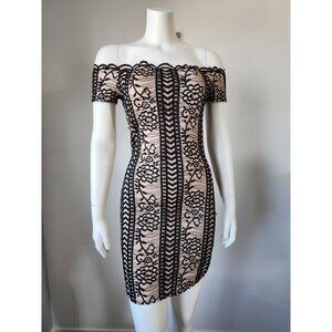 GBG Los Angeles tan black lace off shoulder bodycon mini dress S
